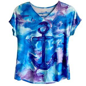 Art & Sol Colorful Anchor Print Short Sleeve Top Women's Small NEW